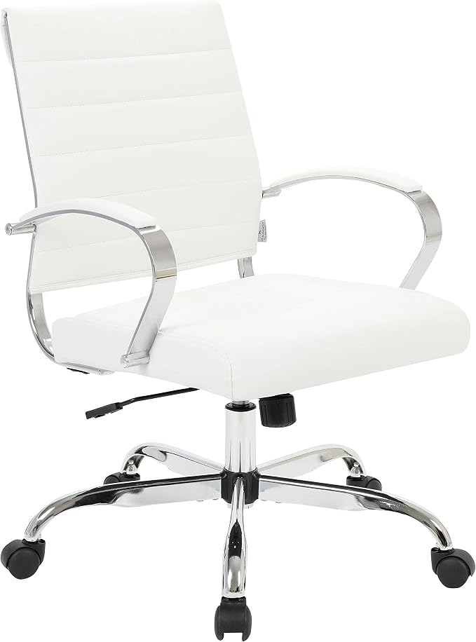 LeisureMod Benmar Leather Office Desk Chair, Mid-Back Ergonomic Swivel Chair with Lumbar Support, Adjustable Height, Tilt Lock, Cushioned Seat & Back, Home Office Task Chair (White, Single)