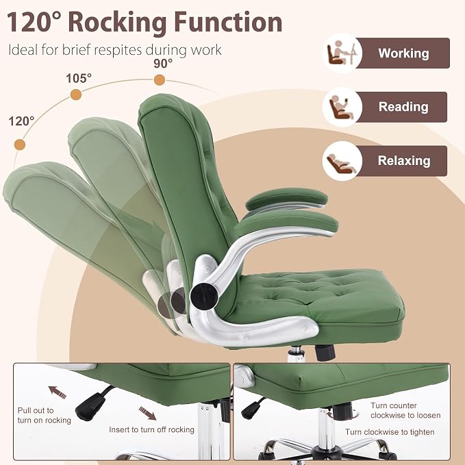 Mid-Back Office Chair, Modern Leather Ergonomic Executive Desk Chair with Flip Up Arm, Mid Century Swivel Task Chair, Small Rocking Computer Chair with Wheels for Home Office Meeting Room