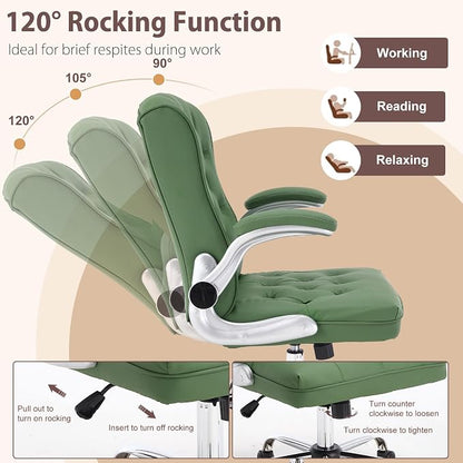 Mid-Back Office Chair, Modern Leather Ergonomic Executive Desk Chair with Flip Up Arm, Mid Century Swivel Task Chair, Small Rocking Computer Chair with Wheels for Home Office Meeting Room