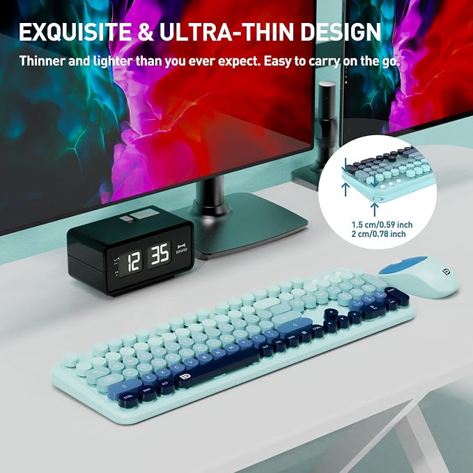 Wireless Keyboards Mouse Combos, Colorful Cute Typewriter Full-Size Retro Round Keycaps, 2.4GHz Cordless Connection Sleep Mode Office Wireless Keyboard and Mouse Set for Desktop Laptop PC Computer