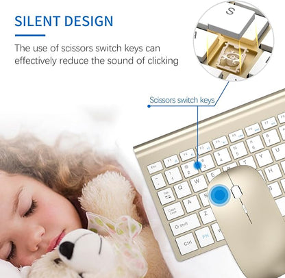 Wireless Keyboard and Mouse Ultra Slim Combo, TopMate 2.4G Silent Compact USB 2400DPI Mouse and Scissor Switch Keyboard Set with Cover, Batteries Included, for PC/Laptop/Windows/Mac - Gold White