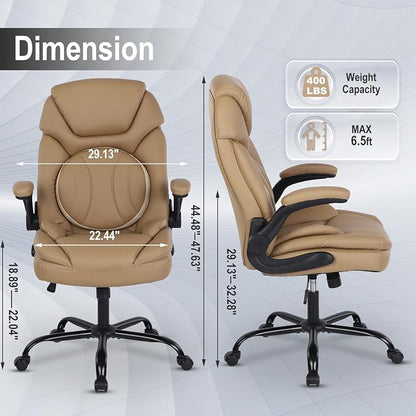 Big Tall Executive Office Chairs with Lumbar Support PU Leather Rocking Managerial Chair Comfy Swivel Desk Chairs with Wheels Flip-up Armrests, Khaki