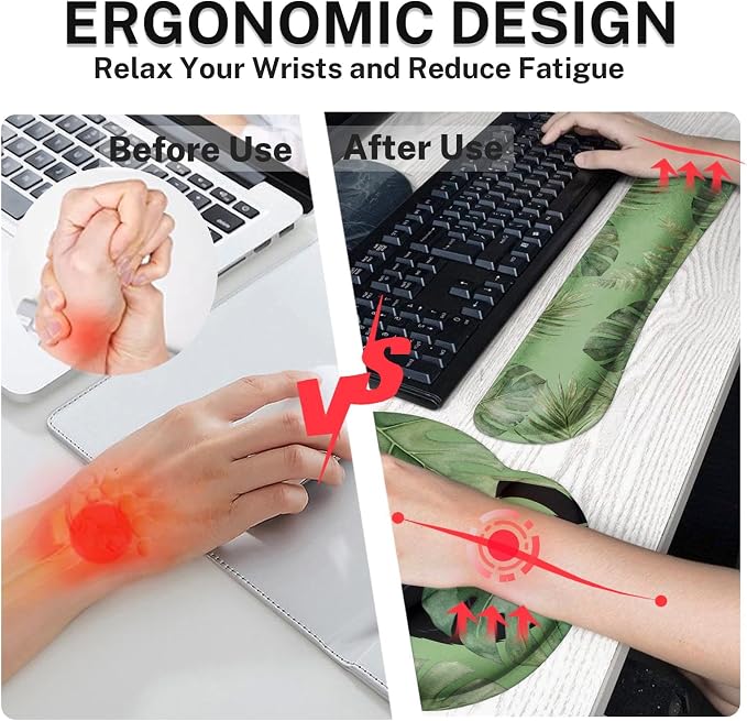 Britimes Sage Olive Green Leaves Keyboard Mouse Pad Set Funny Cute Cat 4in1 Large Mousepad+Keyboard Wrist Rest+Mouse Wrist Rest+Coaster Ergonomic Design for Home Office Computer 35.4x15.7 inches