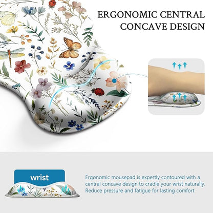 Flower Mouse Pad with Wrist Rest Ergonomic Mousepad Middle Concave Office | Butterfly Wrist Support for Women, Desk Accessories, Gaming, Work, Home, Non-Slip Base, for Wireless Mouse Computer Laptop