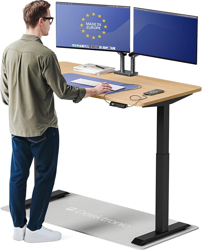 Desktronic HomeOne Standing Desk 54x28 — Ergonomic Sit Stand Home Office Desk, Made in Europe, Electric Dual Motor Height Adjustable, USB & USB-C Charging, Wobble-Free, Touchscreen, 3 Memory Presets