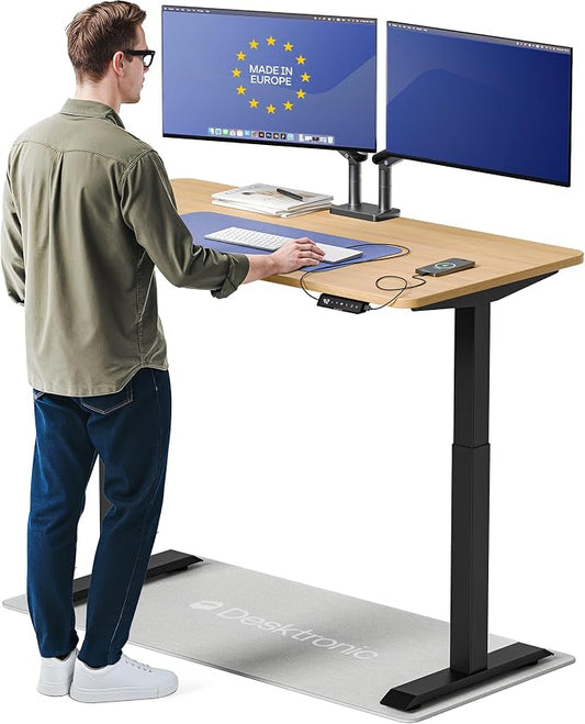 Desktronic HomeOne Standing Desk 54x28 — Ergonomic Sit Stand Home Office Desk, Made in Europe, Electric Dual Motor Height Adjustable, USB & USB-C Charging, Wobble-Free, Touchscreen, 3 Memory Presets