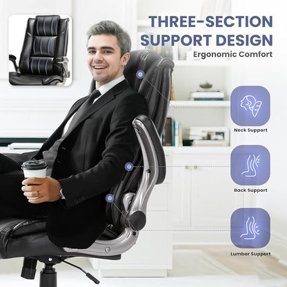 COLAMY Leather Executive Office Chair - High Back Ergonomic Home Computer Desk Chair with Padded Flip-up Arms, Adjustable Tilt Lock, Swivel Rolling Chair for Adult Working Study, Brown