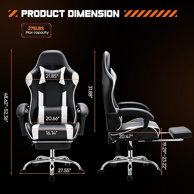 Sweetcrispy Computer Gaming Chair: Ergonomic High Back PU Leather Video Racing Chair with Adjustable Headrest & Footrest, Linkage Armrest, for Office and Home, White