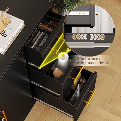 GAIOUS Lateral File Cabinet with 3 Drawers, Metal Storage Cabinet with Lock, Black Sideboard Buffet, Multi-Functional Accent Cabinets for Home Office Living Room Entryway