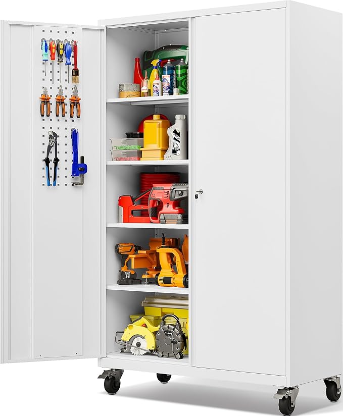SISESOL Wide & Deep Metal Storage Cabinet with Wheels,Tall Rolling Garage Storage Cabinet with Lock,White Metal Cabinets with Pegboards and Shelves,Tool Locker for Garage,Home,Office,43''Wx 20''Dx71"H