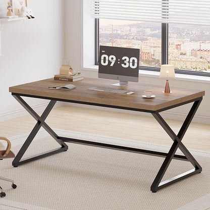 IBF Rustic Computer Desk, Modern Metal Home Office Desk, Farmhouse Work Study Writing Desk in Bedroom, Minimalist Wood Laptop Executive Workstation Computer PC Gaming Table, Rustic Oak, 55 in