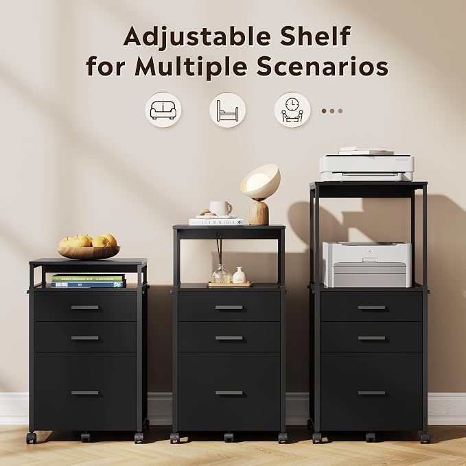 DEVAISE 3 Drawer File Cabinet with Adjustable Shelves, Rolling Wooden Filing Cabinet Mobile Printer Stand for Home Office, Black, 15.7" D x 17.7" W x 40.3" H