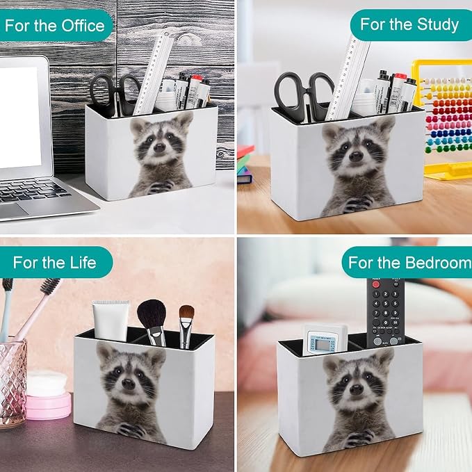 Niapessel Pencil Holder for Desk, Cute Funny Raccoon Pen Holder Storage Desktop Pen Organizer Desk Pencil Organizer Makeup Brush Holder for Office School College Leather