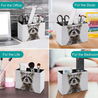 Niapessel Pencil Holder for Desk, Cute Funny Raccoon Pen Holder Storage Desktop Pen Organizer Desk Pencil Organizer Makeup Brush Holder for Office School College Leather