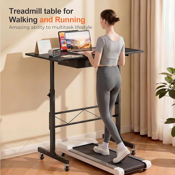 COMHOMA Small Standing Desk with Storage Drawer, Mobile Height Adjustable Rolling Sit Stand Desk with Lockable Wheels 4‑Level Portable Laptop Desk for Small Space Home Office Treadmill Workstation