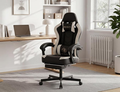 Office Desk Computer Gaming Chair for Adults, Ergonomic High Back Gamer Chair with Massage and Pocket Spring Cushion, Swivel Comfy Video Game Chairs with Footrest and Lumbar Support (Black White)