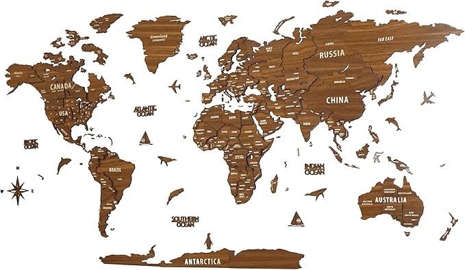 Colorfull Worlds, Multilayer 3D Wooden World Map, Travel Map States and Capitals, Wall Decor For New House, Gift For Travelers, Office Decor, Birthday Present, Living Room Decoration (2XL,Light Brown)