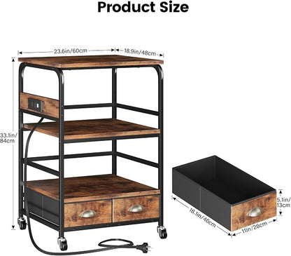 Extra Large Printer Stand with 2 Farbic Drawer, 3 Tier Printer Table with 4-Adjustable Heights, Rolling Printer Cart with Storage for Printer Scanner Fax Home Office Use, Rustic Black and Brown