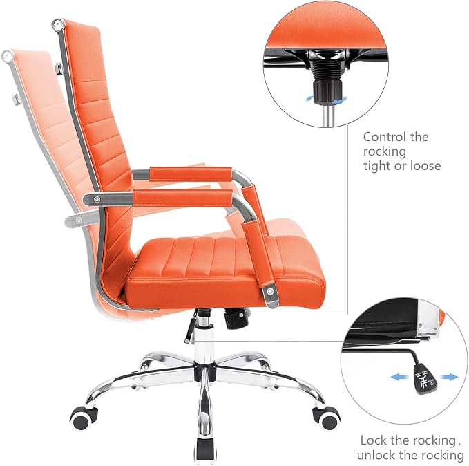 KaiMeng Ribbed Office Desk Mid Back Computer Chair Height Adjustable Conference Executive Task Swivel PU Leather (Orange)