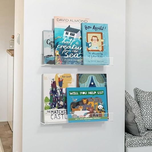 NIUBEE 16.5-Inch Acrylic Floating Bookshelves, 2-Pack, Clear Modern Wall Shelves for Child/Toddler， Invisible Ledge Book Shelves for Nursery/Kids Room/Playroom/Small Spaces.