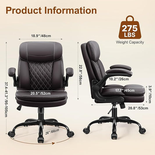 Leather Office Chair, PU Computer Desk Chairs with Upgraded Double-Layer Seat Cushion and Neckrest, 360°Swivel, Ergonomic Small Gaming Chair with Wheels and Adjustable Armrests, Dark Brown