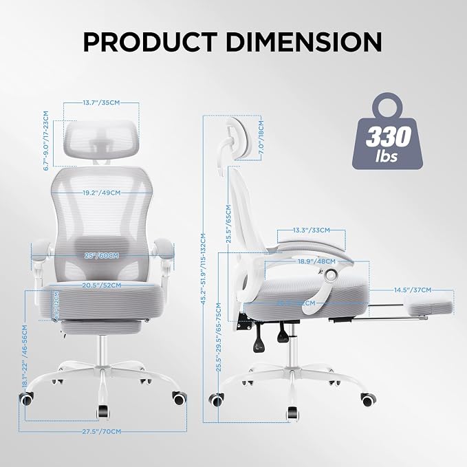 Ergonomic Office Chair with Footrest,Ultra Thick Reclining Office Desk Chair with Adjustable 2D Lumbar Support and Headrest,Spring Cushion,High Back Premium Mesh Computer Chair Office Chairs,Grey