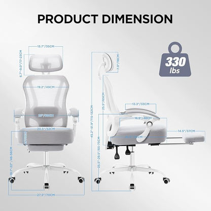 Ergonomic Office Chair with Footrest,Ultra Thick Reclining Office Desk Chair with Adjustable 2D Lumbar Support and Headrest,Spring Cushion,High Back Premium Mesh Computer Chair Office Chairs,Grey