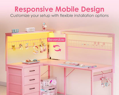 MOTPK L Shaped Gaming Desk with Drawers & LED Light & Power Outlet, 43" Reversible Computer Table with Shelves & Hooks for Home Office, Carbon Fiber Pink