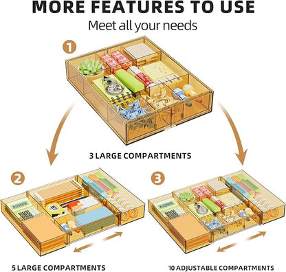 Marbrasse Expandable Desk Drawer Organizer, Clear Plastic Drawer Organizer Tray with 10 Adjustable Compartments, Desk Organizers and Accessories, 5 Drawer Dividers for Office Supplies(Clear Champagne)