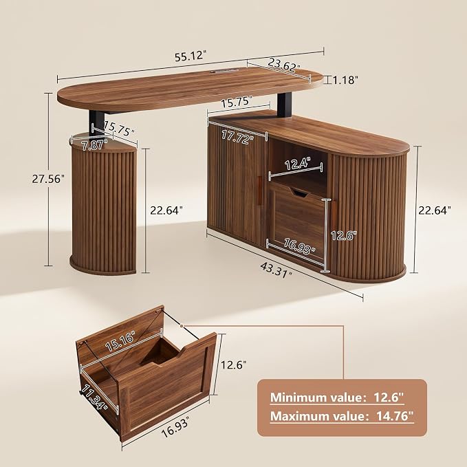 55" L Shaped Standing Desk with Storage, Electric Desk Height Adjustable Executive Desk with File Drawer, Simple Setup Wood Desk Office Sit Stand up Desk for Work, Study, Writing, Walnut