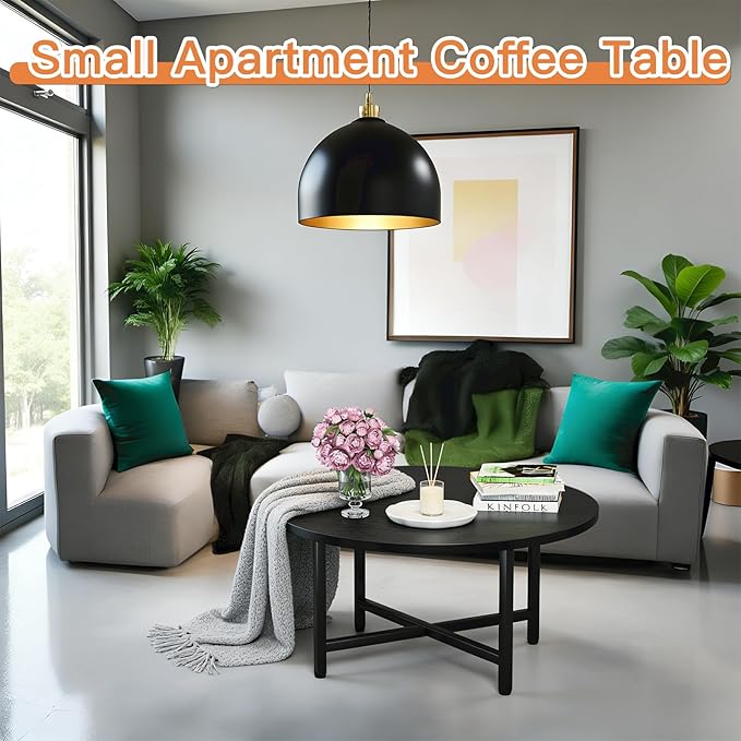 FAMIDGE Coffee Table, 23.6" Coffee Tables for Living Room, Round Coffee Table with Metal Frame, Floor Table for Sitting on The Floor, Home, Office, Black