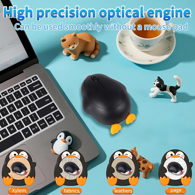 Cute Penguin Bluetooth Wireless Mouse -Rechargeable,Dual Mode Connection, Silent Scroll Wheel, 1600 DPI - Perfect for Laptops, PCs, and Tablets (Black)