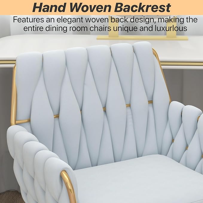 Velvet Modern Home Office Vanity Chair, 360° Swivel Adjustable Height Makeup Desk Chair with Golden Base and Hand Woven Backrest for Bedroom/Study/Vanity (Baby Blue)