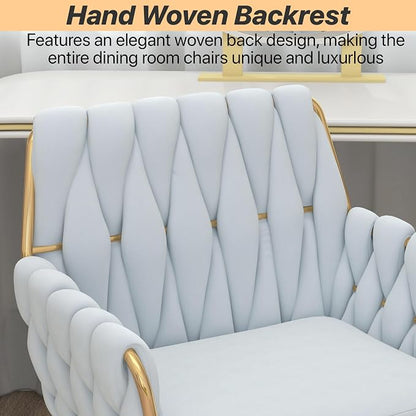 Velvet Modern Home Office Vanity Chair, 360° Swivel Adjustable Height Makeup Desk Chair with Golden Base and Hand Woven Backrest for Bedroom/Study/Vanity (Baby Blue)