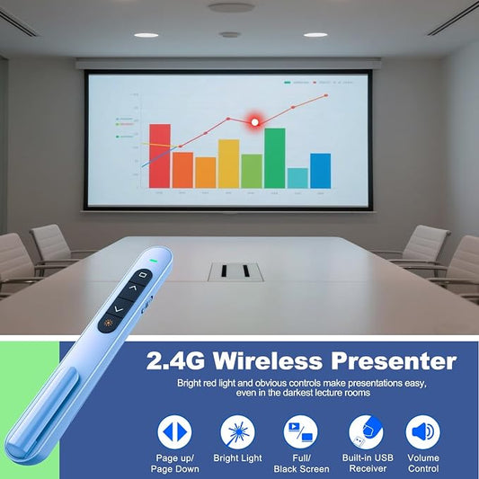 QUI Presentation Clicker with Volume Control, 2.4GHz USB Wireless Presenter Remote, PowerPoint Clicker Slide Advancer Compatible with Mac, Windows, Google Slides, Keynote