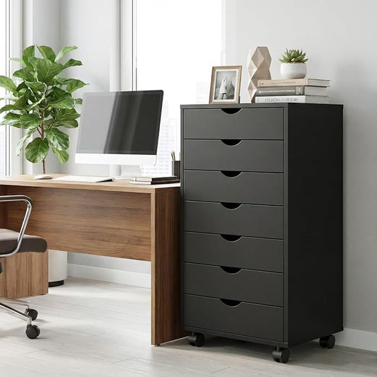 Mobile File Cabinet Under Desk, 7 Drawer Storage Organization with Wheels, Vertical Filing Chest Rolling Wood Small Desk Printer Stand for Home Office, 15.75" D x 18.74" W x 34.25" H