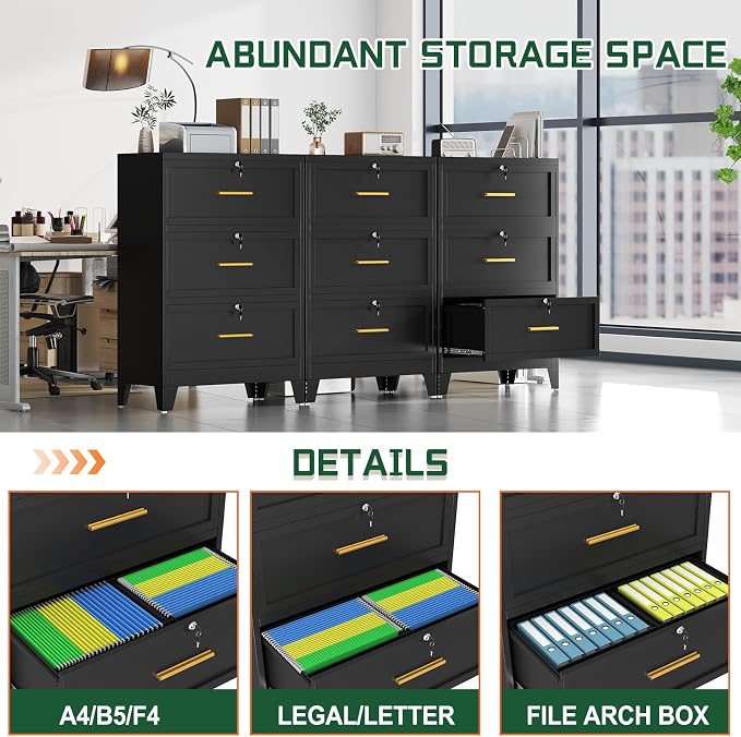 erosoei 3 Drawer File Cabinet with Lock, Metal Lateral File Cabinets for Home Office, Steel Wide Filing Organization Storage Cabinets, Home Office Furniture for Hanging Files Letter/Legal/F4/A4 Size.