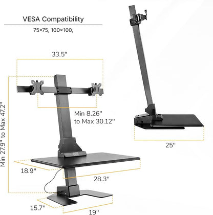 Mount-It! Double Monitor Electric Standing Desk Converter - 2 Screens Stand Up Desk Riser - Height Adjustable Desktop & 2 Mounts for Screens up to 32", Sit-Stand Convertor for Home, Office, School