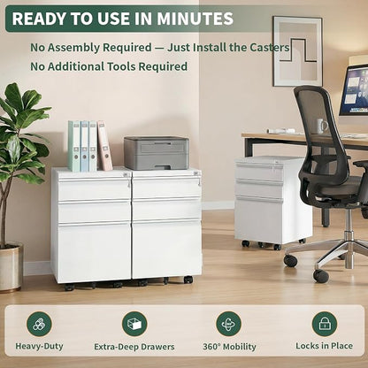 3 Drawer File Cabinet with Lock,Under Desk Filing Cabinet for Home Office Storage Letter/Legal/A4,Mobile Steel Cabinets with Wheels,Fully Assembled,White