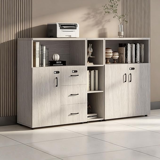File Cabinet with Password Lock, Wood Lateral Filing Cabinet for Letter/A4 Files, 3 Drawer with Door, Printer Stand with Open Shelves for Home Office