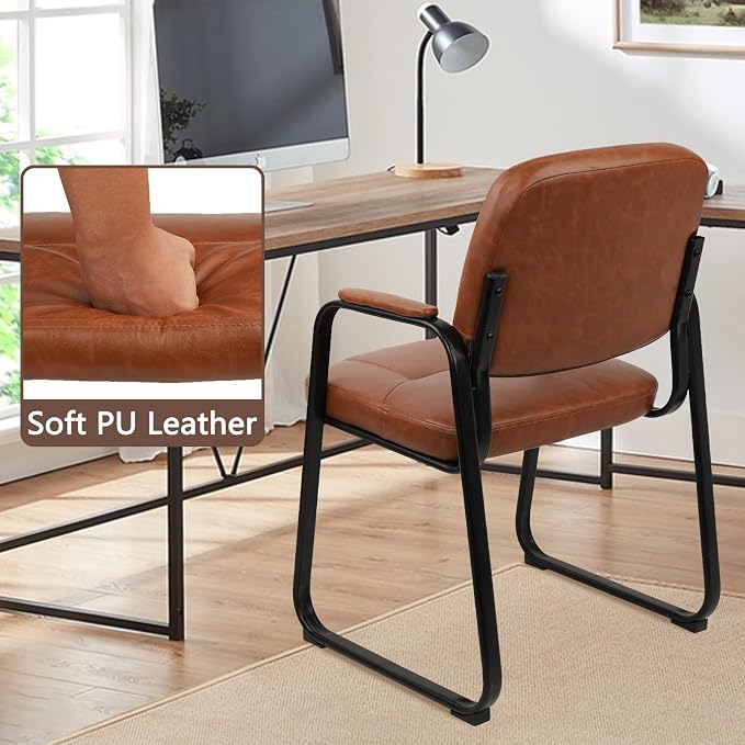 CLATINA Waiting Room Guest Chair with Bonded Leather Padded Arm Rest for Office Reception and Conference Desk Black with Sled Base Brown 8 Pack