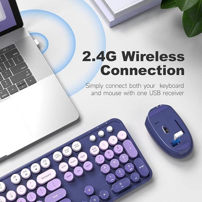 Wireless Keyboard and Mouse Combo, MOWUX Full Size Typewriter Retro Round Computer Keyboard, Cute Optical Mouse Wireless, Plug and Play, for Laptop, PC, Computer- Purple Gradient