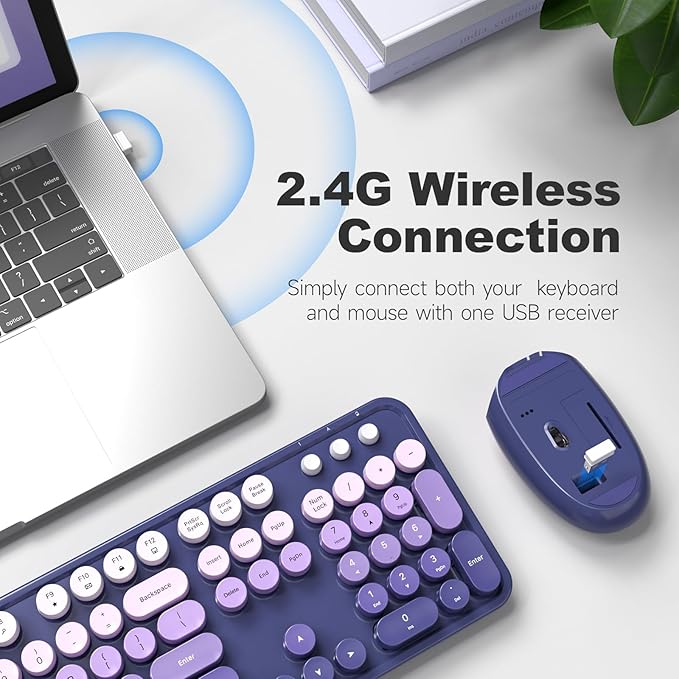 MOFII Wireless Keyboard and Mouse Combo, 2.4GHz Retro Typewriter Keyboard Full Size, Cute Wireless Mice, USB Dongle Plug and Play, for Laptop, PC, Desktop, Windows (Purple Gradient Color)