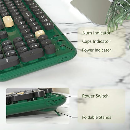 Colorful Wireless Keyboard and Mouse Combo, Retro Typewriter Style Round Keys, 2.4GHz Ergonomic Aesthetic Computer Keyboard with Wrist Rest for Mac, Windows, Laptop, PC(Dark Green)