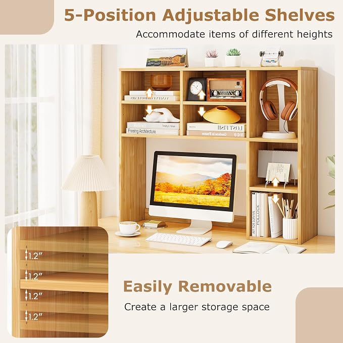 LDAILY Desktop Bookshelf, 37’’ Wood Desk Shelf with 7 Cubes & 3 Adjustable Shelves, 3-Tier Desk Display Rack, Desk Hutch for Dorm College Office Computer Monitor Up to 27’’ (Burlywood, 7 Shelves)
