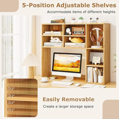 LDAILY Desktop Bookshelf, 37’’ Wood Desk Shelf with 7 Cubes & 3 Adjustable Shelves, 3-Tier Desk Display Rack, Desk Hutch for Dorm College Office Computer Monitor Up to 27’’ (Burlywood, 7 Shelves)