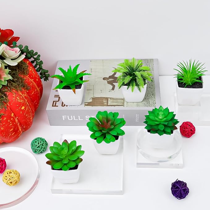 6pcs Mini Artificial Succulents in Pot, Fake Potted Succulent Plant | lifelike faux small greenery succulent bulk set, assorted plastic succulent plants, office desk bedroom shelf home decoration