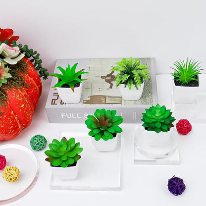 6pcs Mini Artificial Succulents in Pot, Fake Potted Succulent Plant | lifelike faux small greenery succulent bulk set, assorted plastic succulent plants, office desk bedroom shelf home decoration