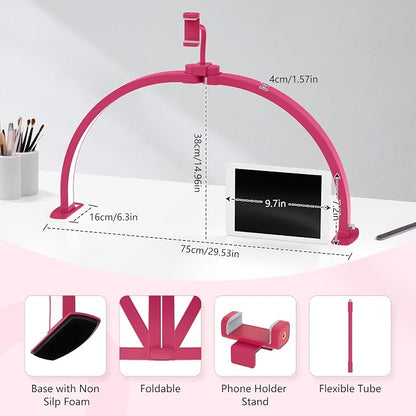 Yokilly Half Moon Light for Nail Desk: 29" Foldable Half Moon Desk Lamp with Phone Holder for Beginner - Arch Nail Tech Light with 3 Color Modes & 10 Brightness for Manicure Salon (Rose Red, Large)