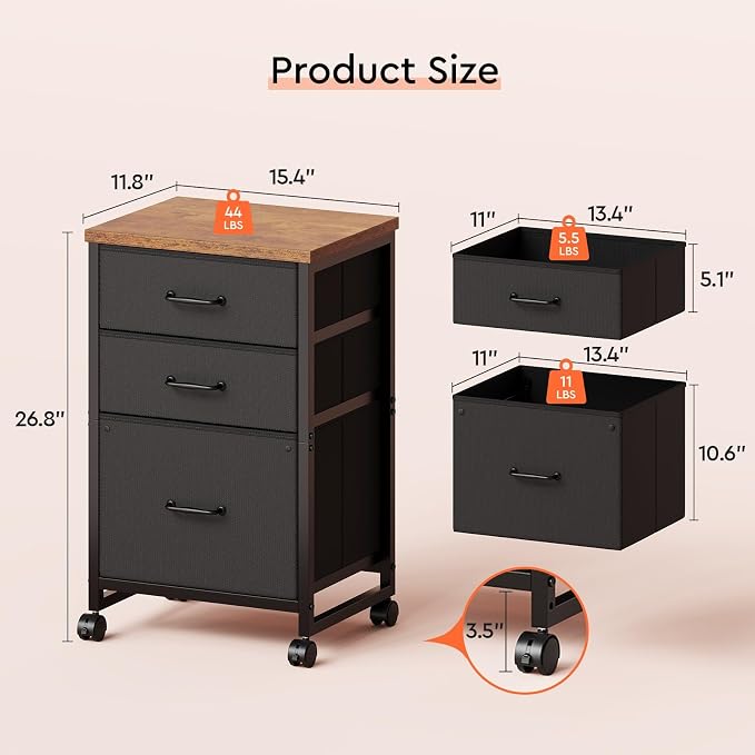 Maihail 3 Drawer Mobile File Cabinet with Wheels Fabric Vertical Filing Cabinet fits A4 or Letter Size for Home Office,Rustic Brown